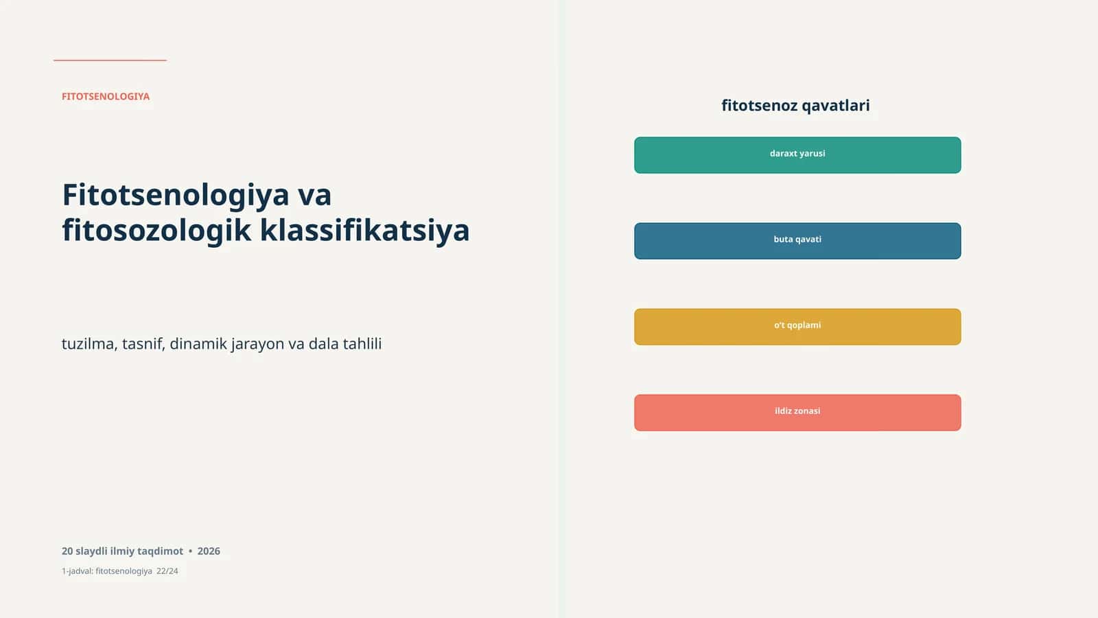 FITOTSENOLOGIYA Study of plant communities and their classification, including structure, classification, dynamic processes, and field analysis. Presentation includes 20 slides 1