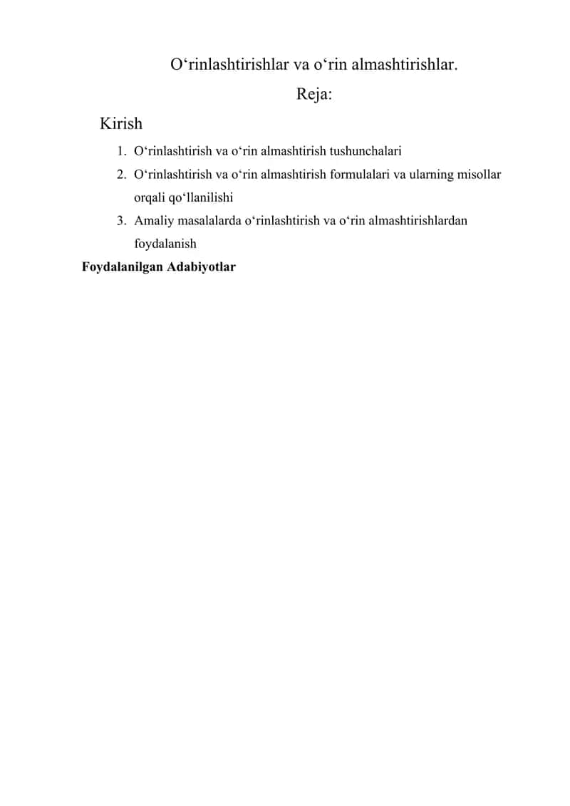 O'rinlashtirishlar va o'rin almashtirishlar 1