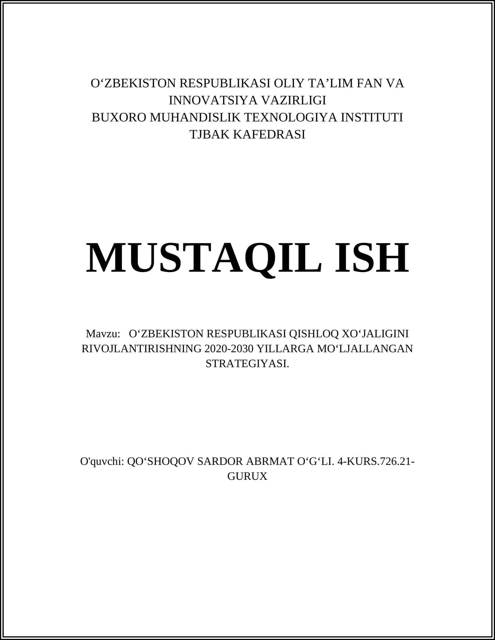 O‘ZBEKISTON RESPUBLIKASI QISHLOQ XO‘JALIGINI MODERNIZATSIYA QILISH 1