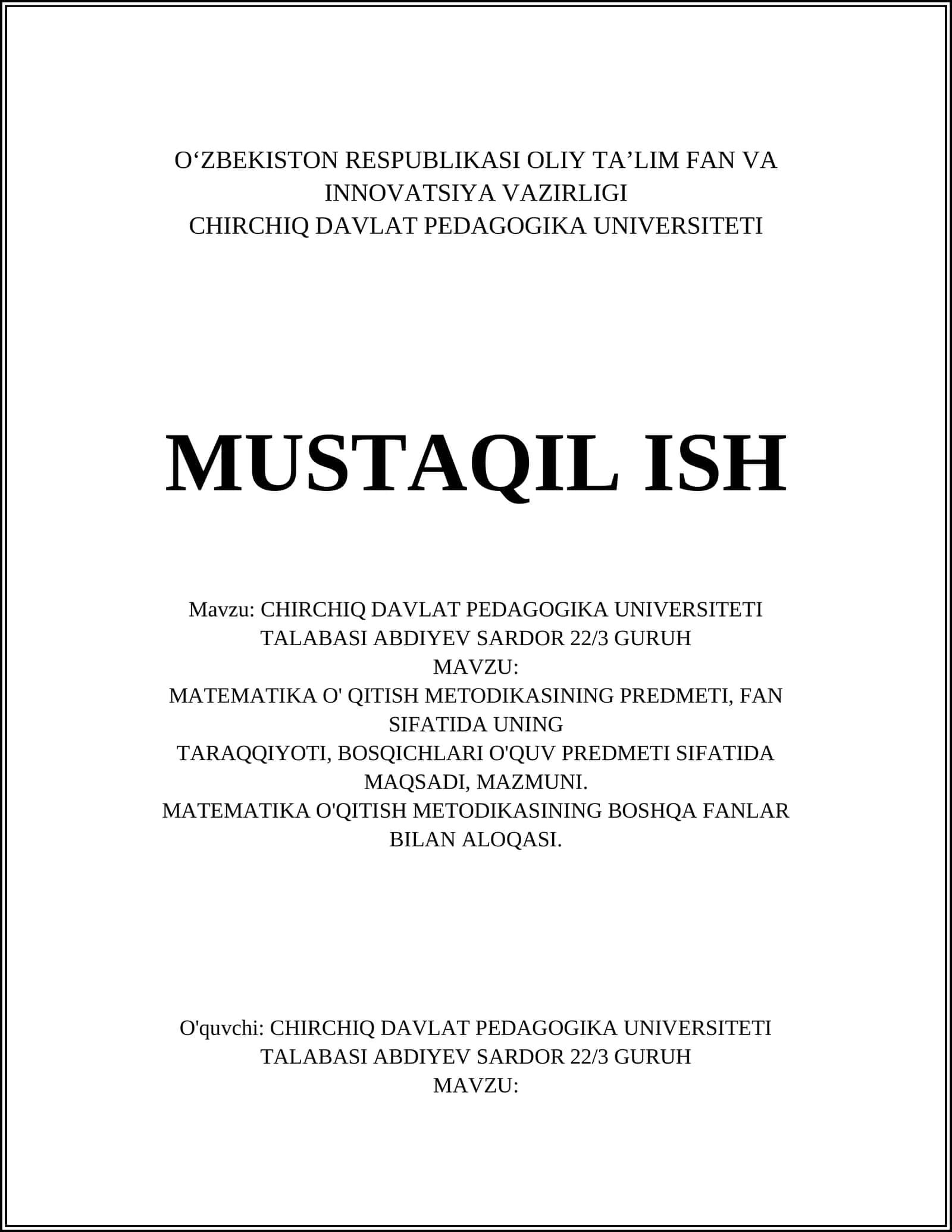 MATEMATIKA O' QITISH METODIKASI 1