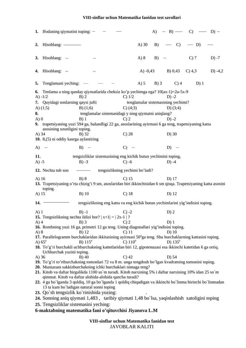 VIII-sinflar uchun Matematika fanidan test savollari 1