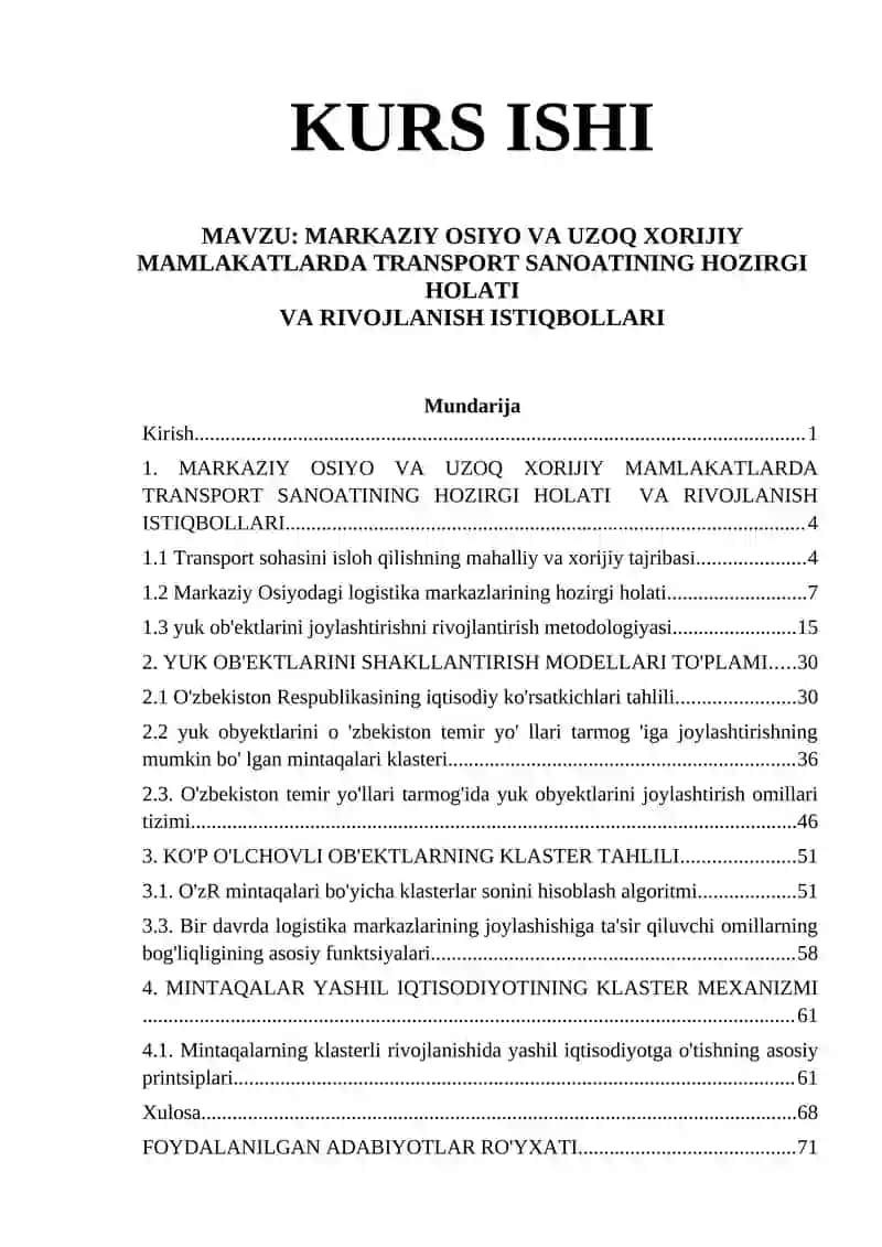MARKAZIY OSIYO VA UZOQ XORIJIY MAMLAKATLARDA TRANSPORT SANOATINING HOZIRGI HOLATI VA RIVOJLANISH ISTIQBOLLARI