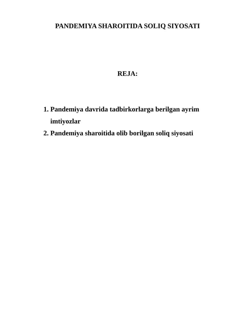 Pandemiya Sharoitida Soliq Siyosati 1