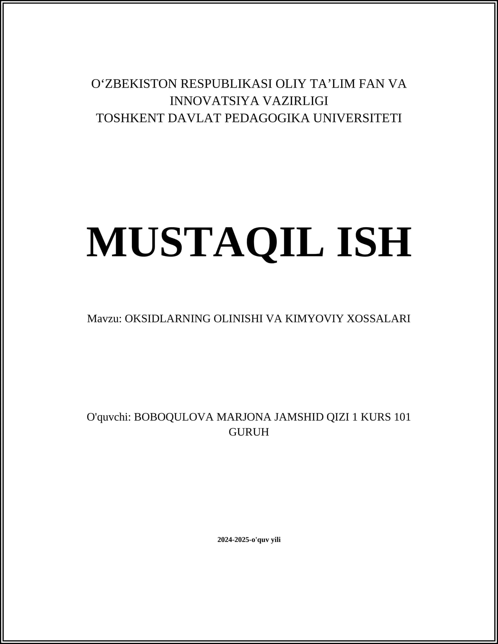 OKSIDLARNING OLINISHI VA KIMYOVIY XOSSALARI 1