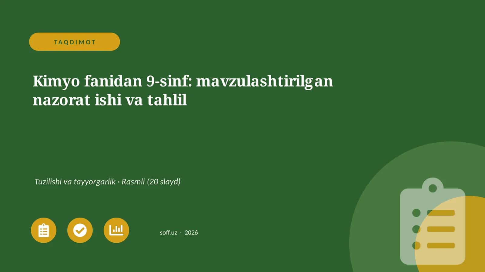 Kimyo fanidan 9-sinf: mavzulashtirilgan nazorat ishi va tahlil 1