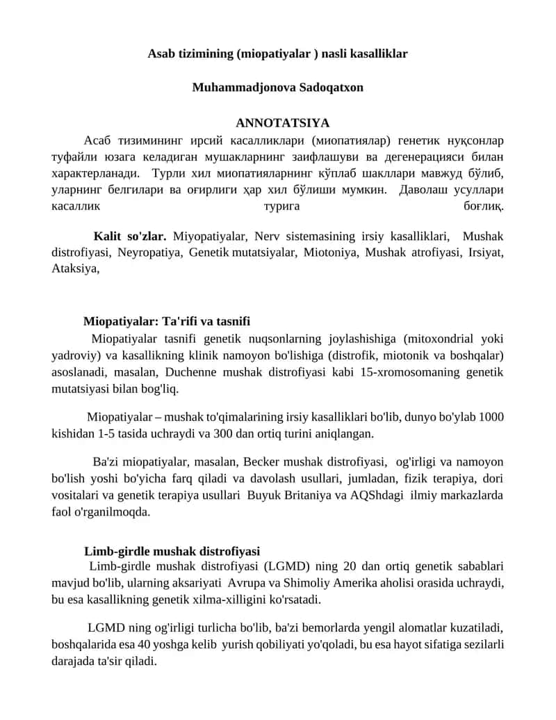Asab tizimining (miopatiyalar ) nasli kasalliklar 1