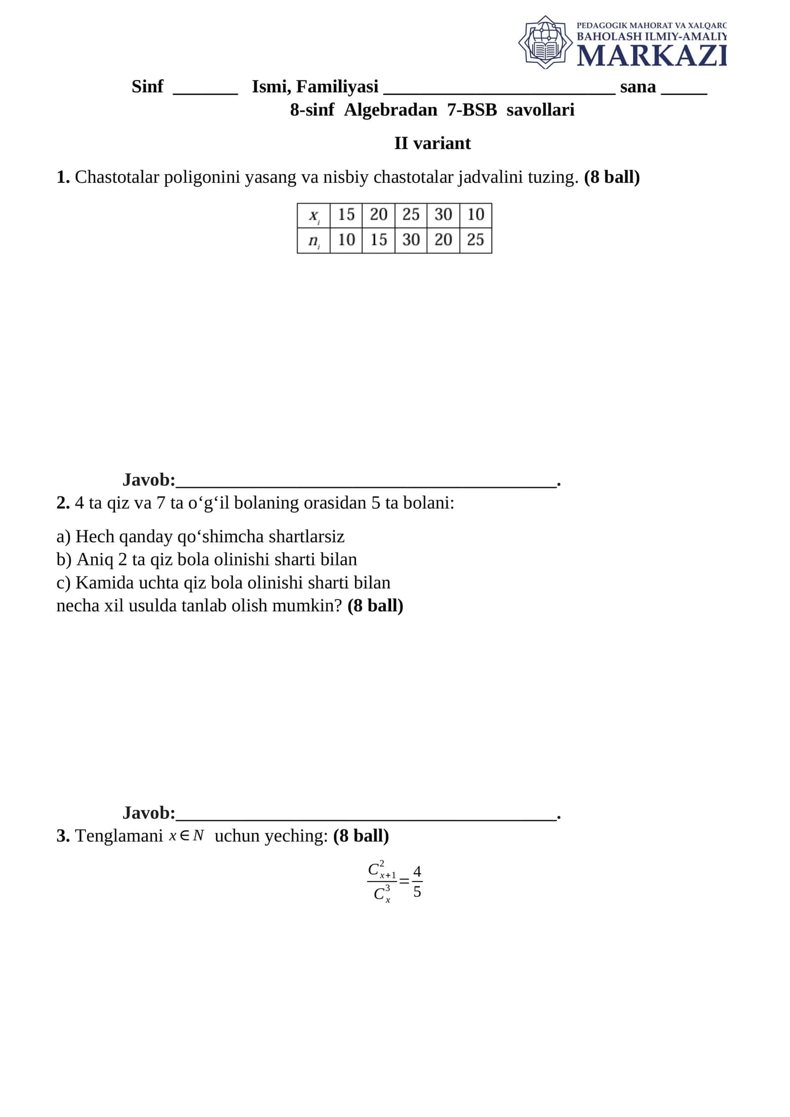 8-sinf Algebradan 7-BSB savollari 1