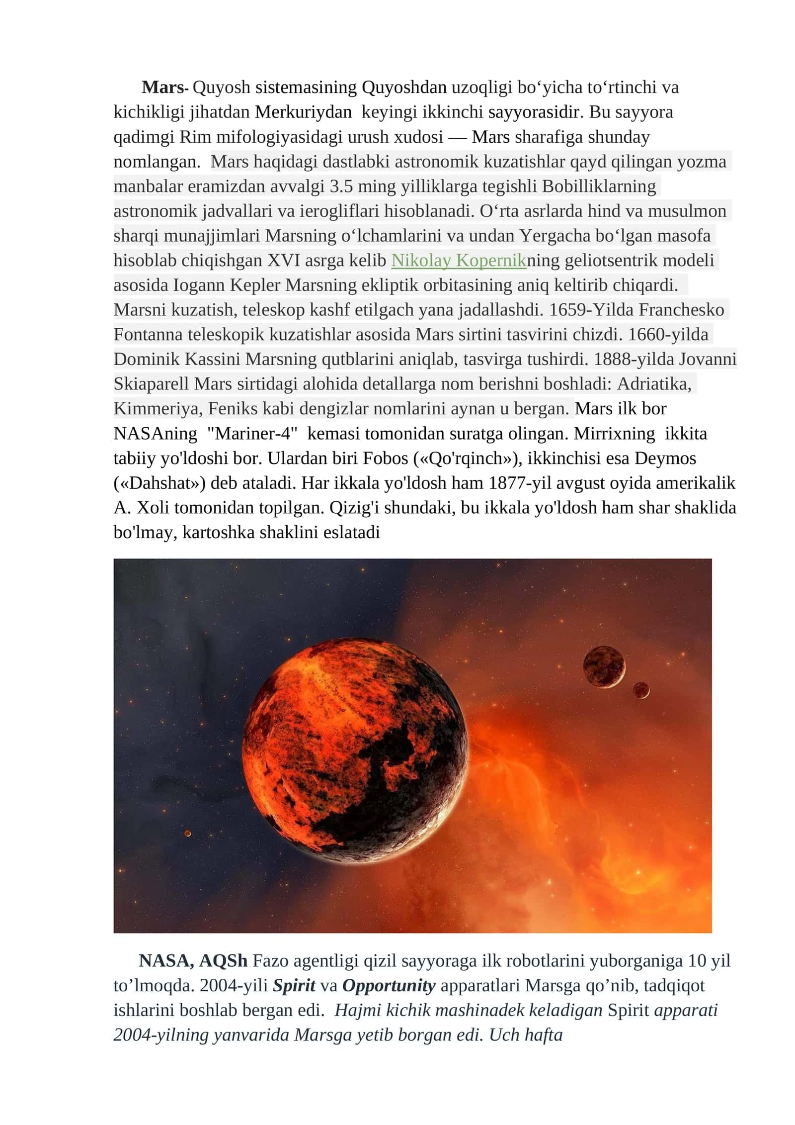 Mars planetasi bo'yicha umumiy ma'lumotlar 1
