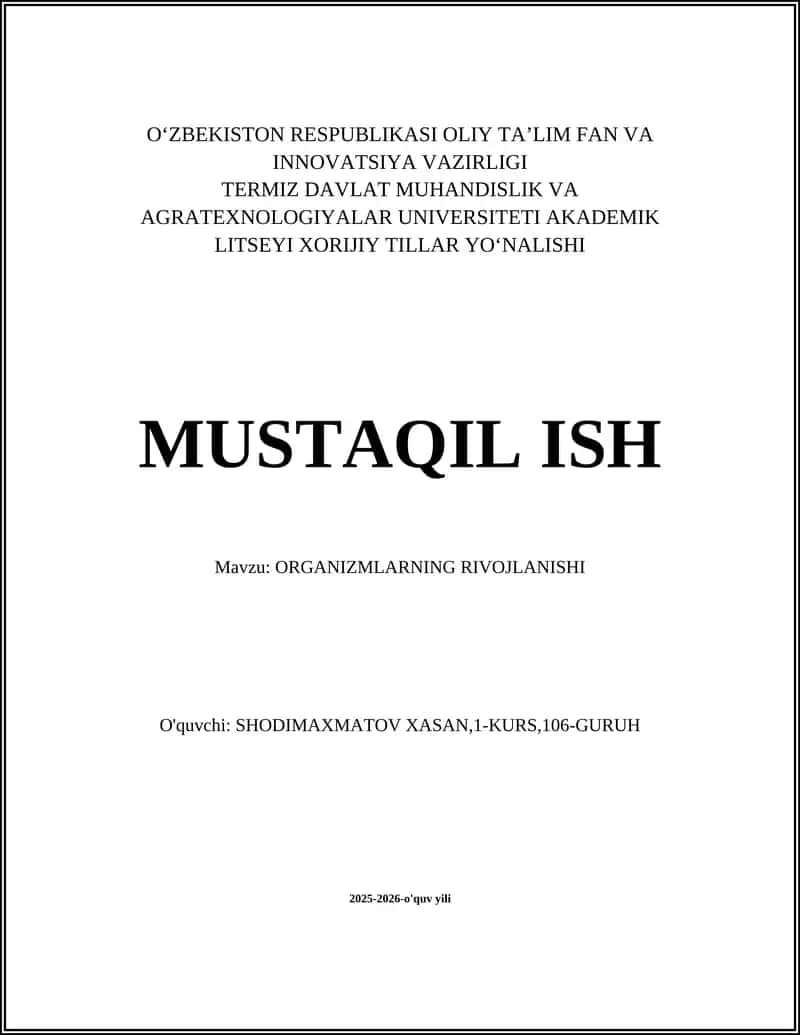 ORGANIZMLARNING RIVOJLANISHI 1