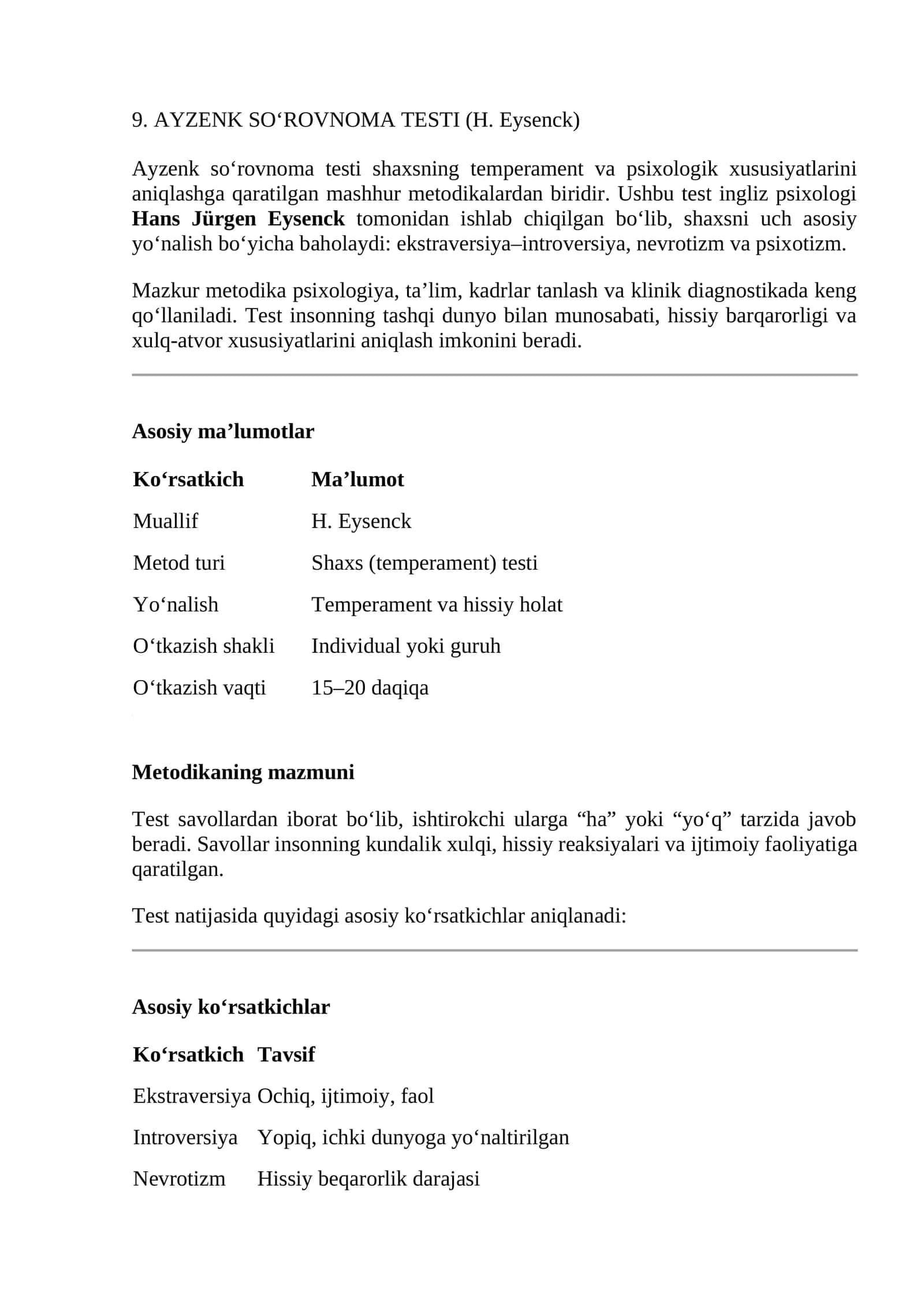 AYZENK SO‘ROVNOMA TESTI (H. Eysenck) 1