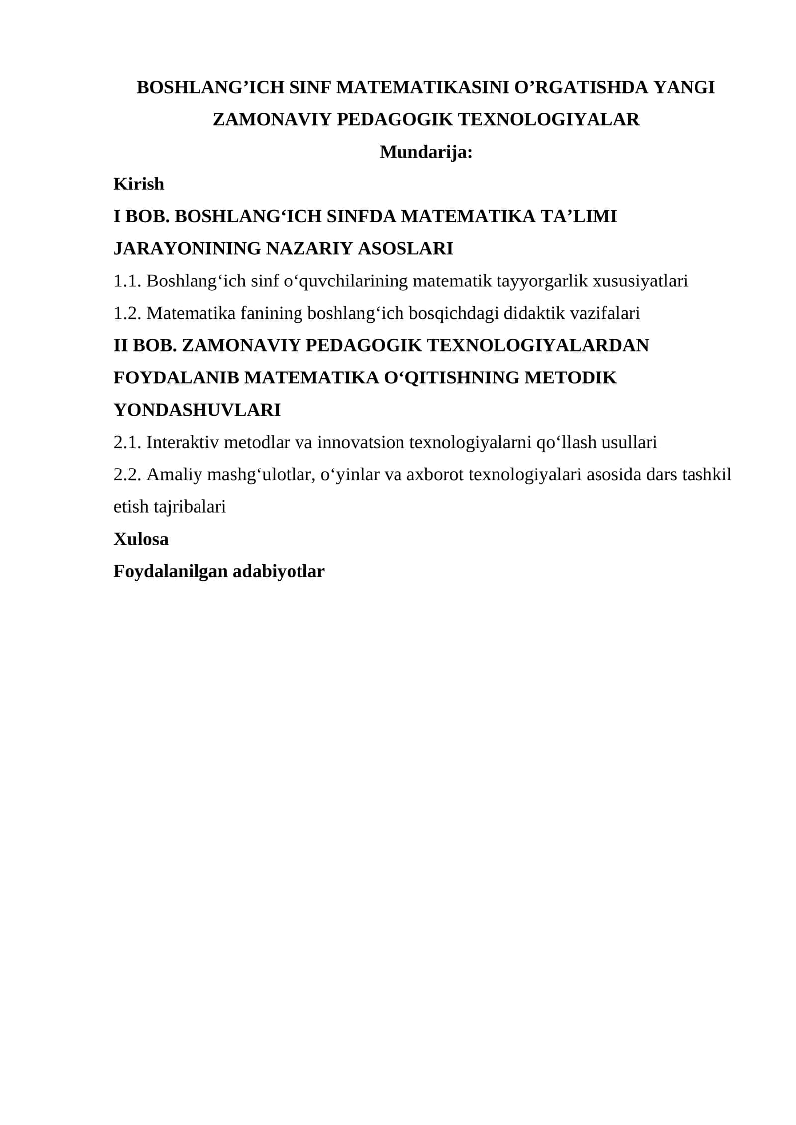 BOSHLANG’ICH SINF MATEMATIKASINI O’RGATISHDA YANGI ZAMONAVIY PEDAGOGIK TEXNOLOGIYALAR 1