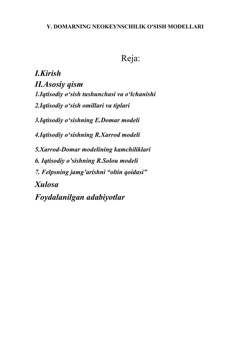 Y. DOMARNING NEOKEYNSCHILIK O'SISH MODELLARI 1