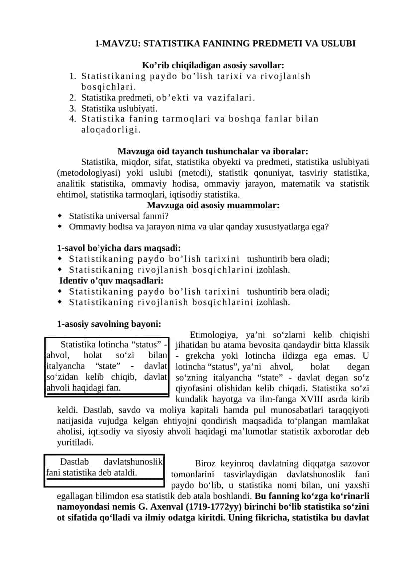 STATISTIKA FANINING PREDMETI VA USLUBI 1