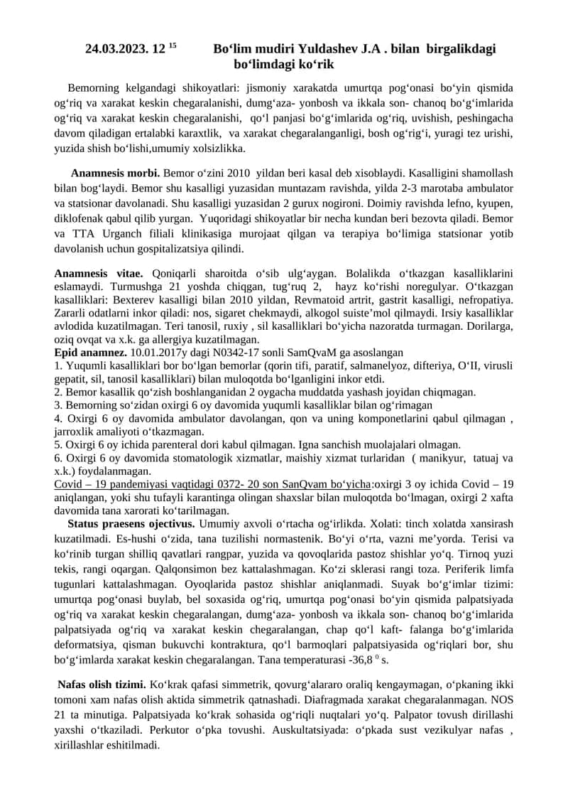 Bemorning kelgandagi shikoyatlari 1