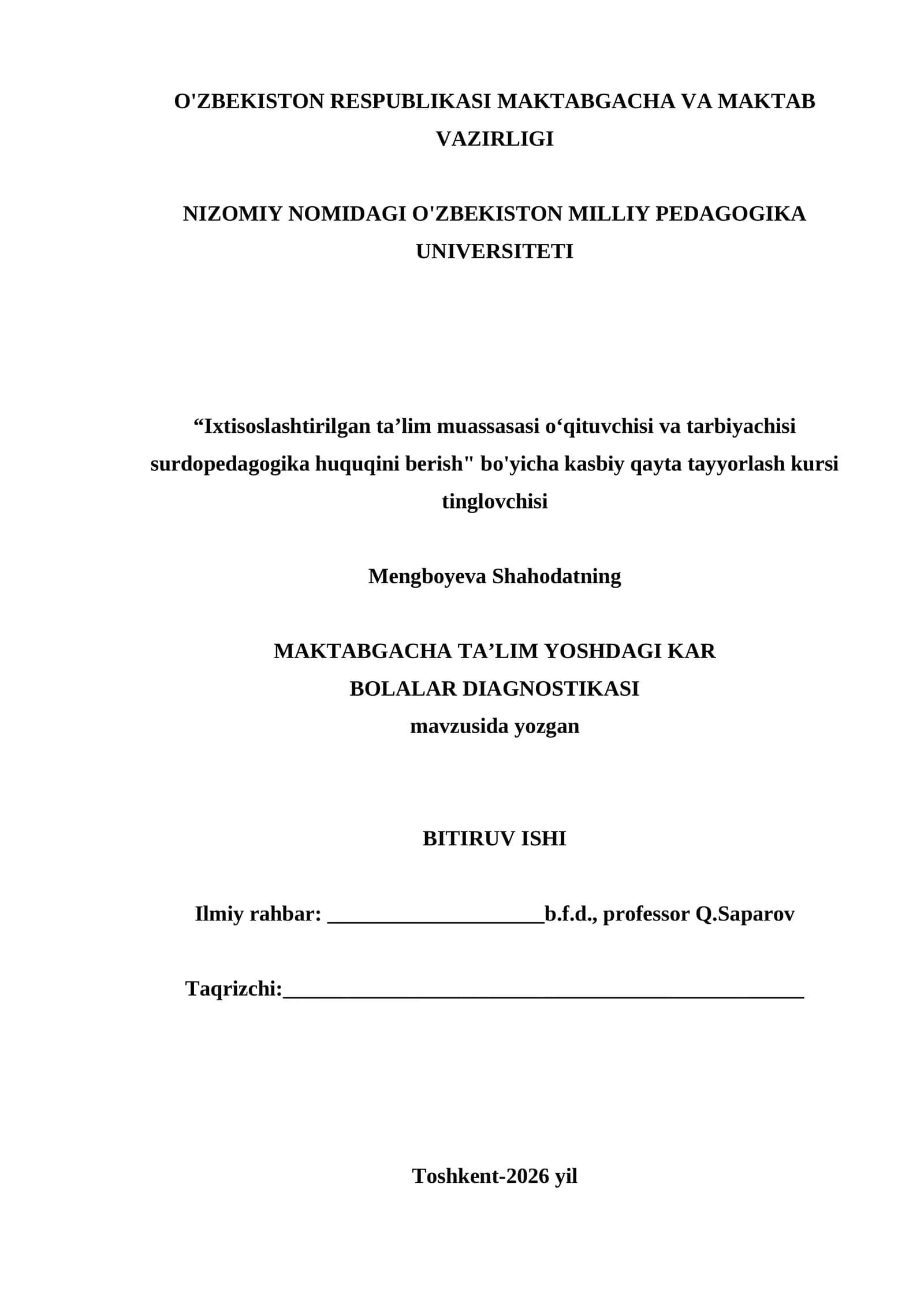 MAKTABGACHA TAʼLIM YOSHDAGI KAR BOLALAR DIAGNOSTIKASI 1