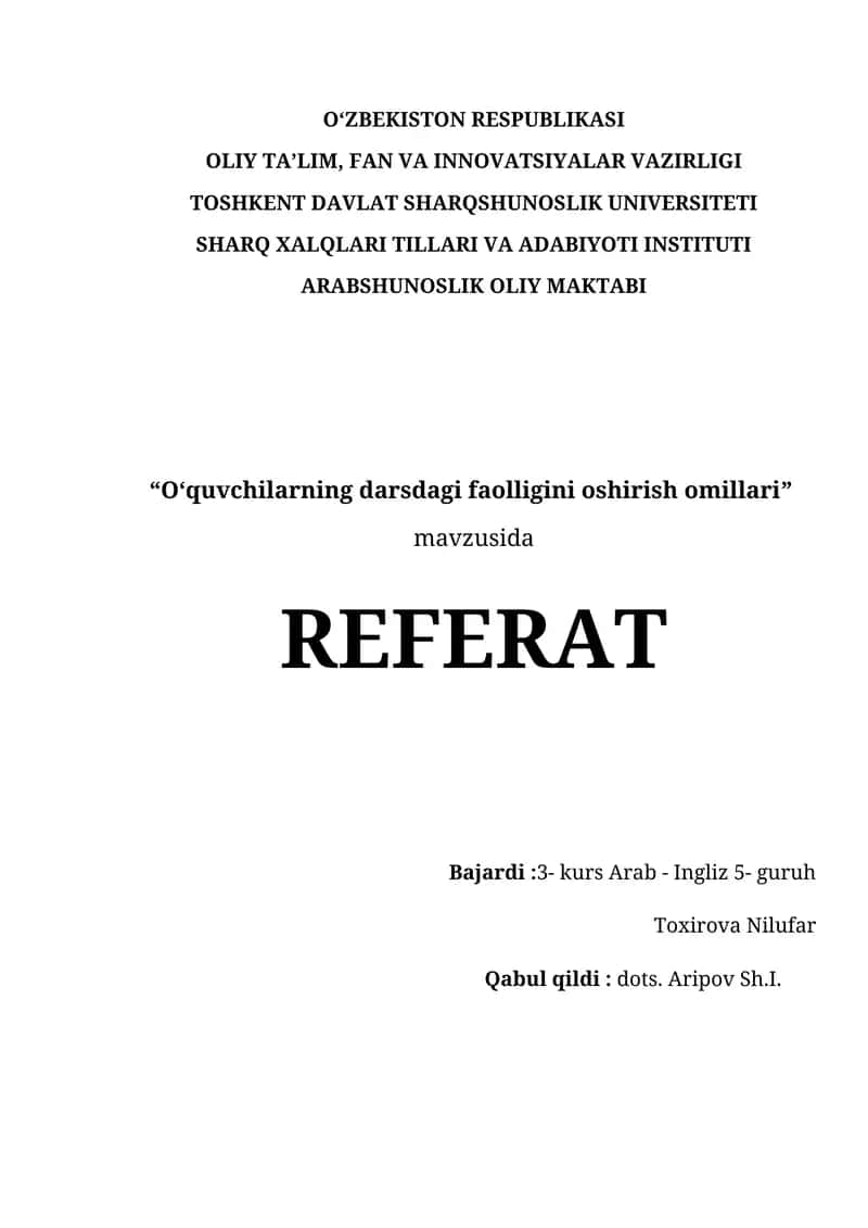 Oʻquvchilarning darsdagi faolligini oshirish omillari 1
