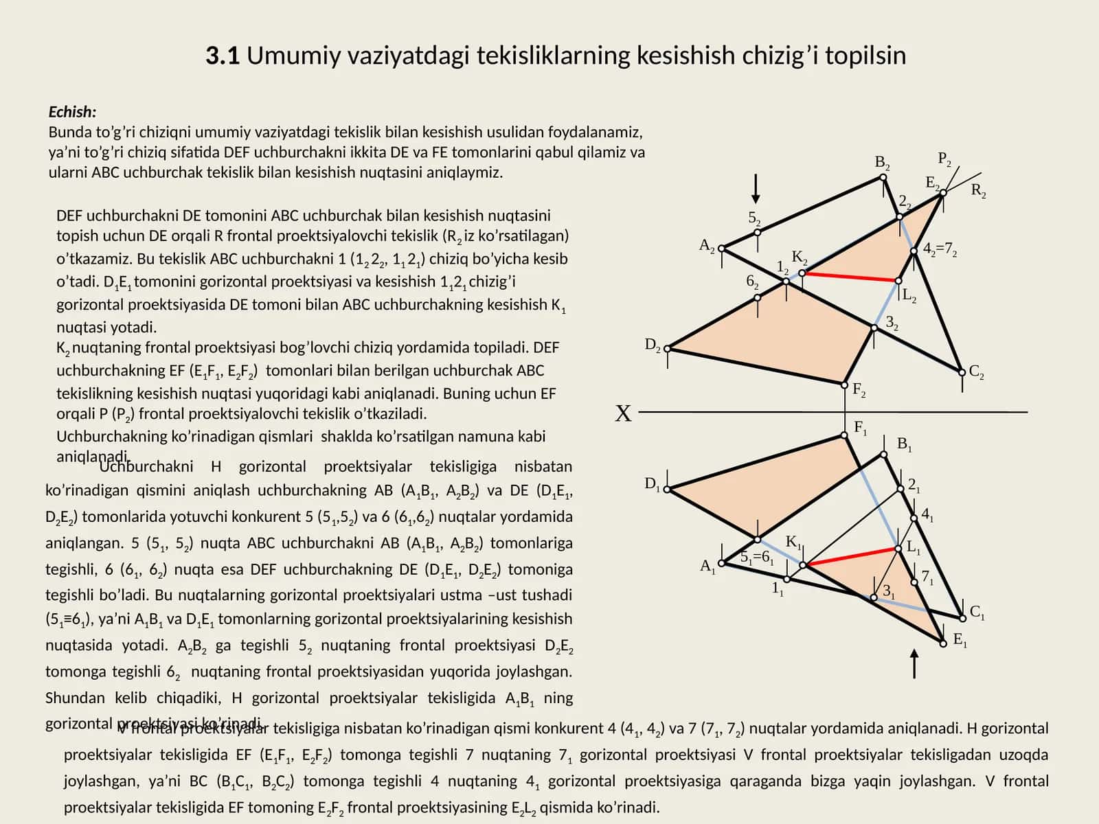 Umumiy vaziyatdagi tekisliklarning kesishish chizig'ini topish 1