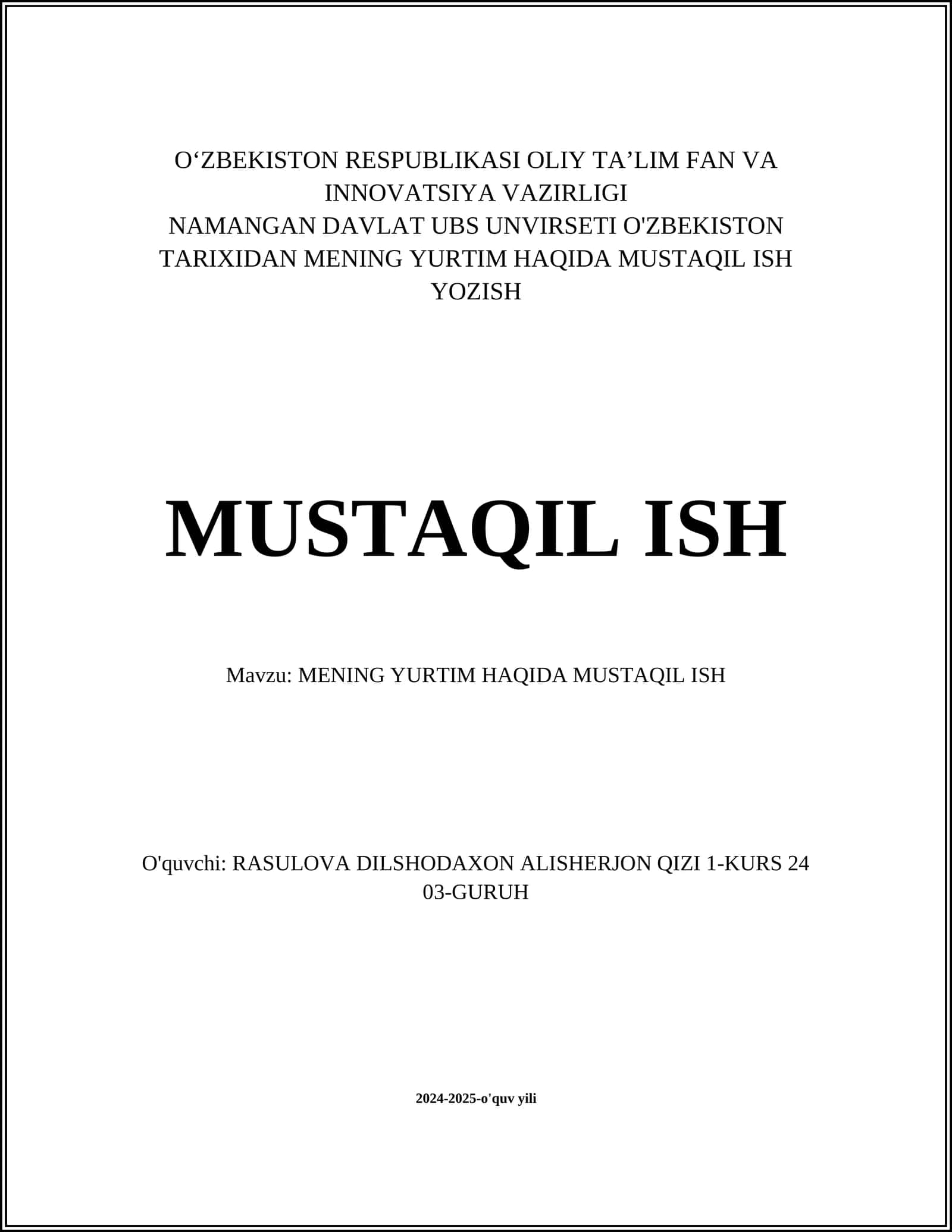MENING YURTIM HAQIDA MUSTAQIL ISH 1