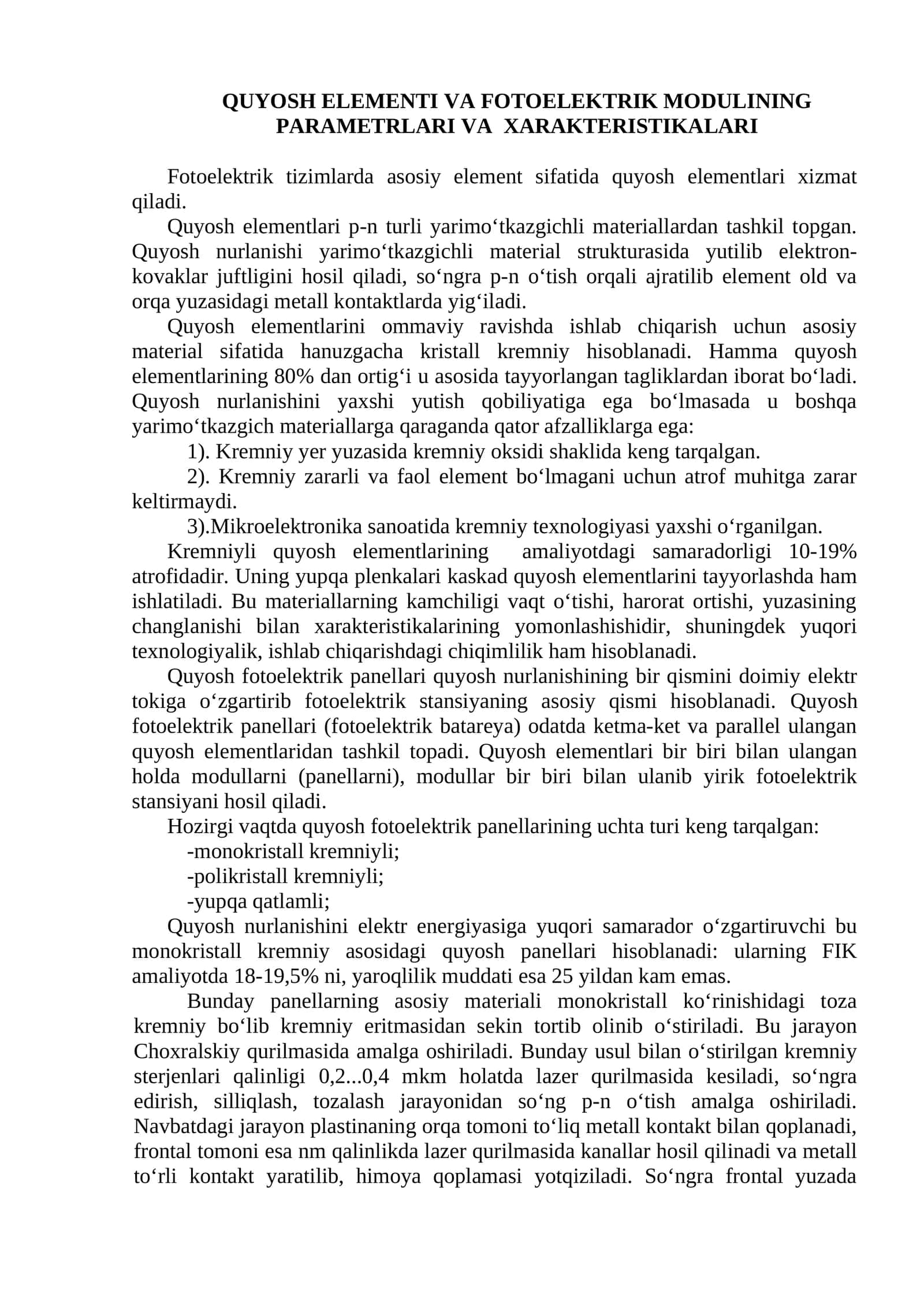 Quyosh elementi va fotoelektrik modulining parametrlari va xarakteristikalari 1