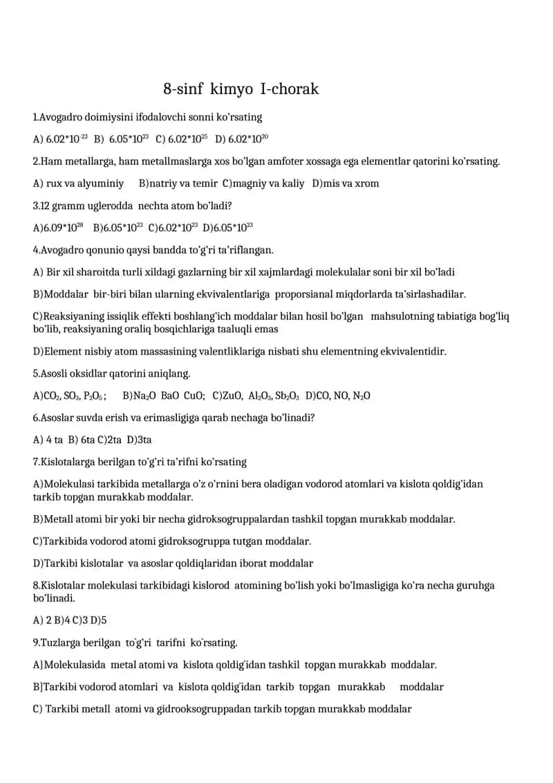 8-sinf kimyo I-chorak 1