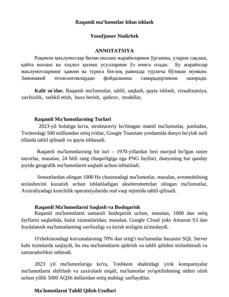Raqamli Ma'lumotlar bilan ishlash 1