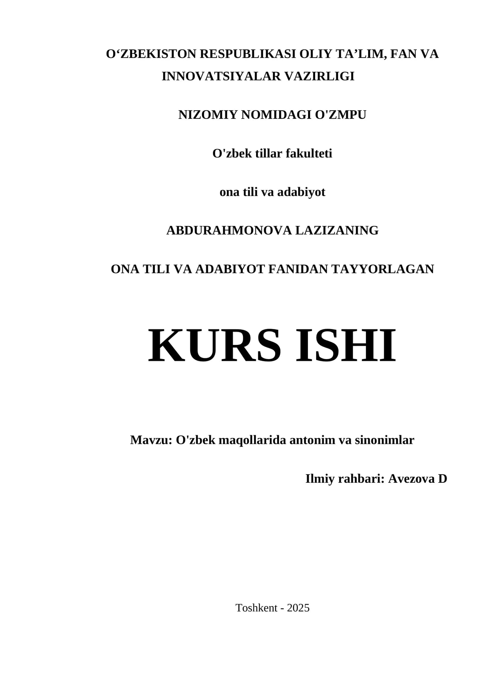O'zbek maqollarida antonim va sinonimlar kurs ishi 1