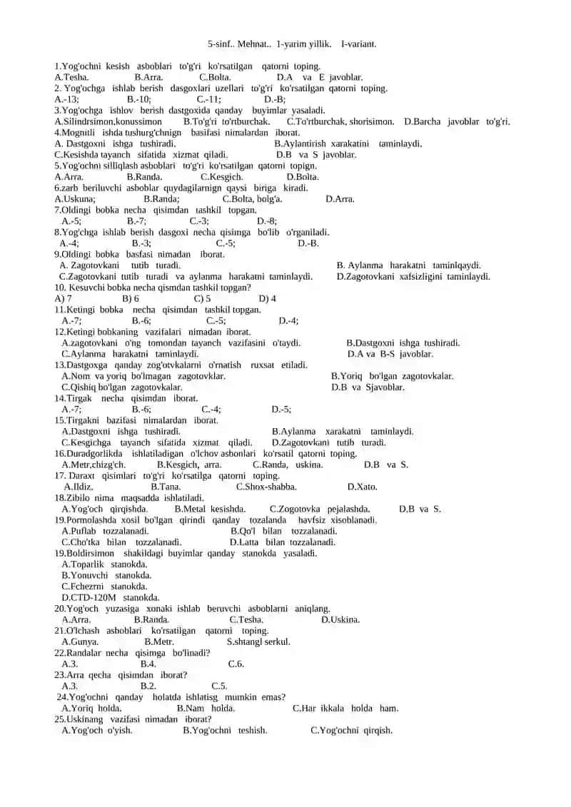 5-sinf.. Mehnat.. 1-yarim yillik. I-variant.