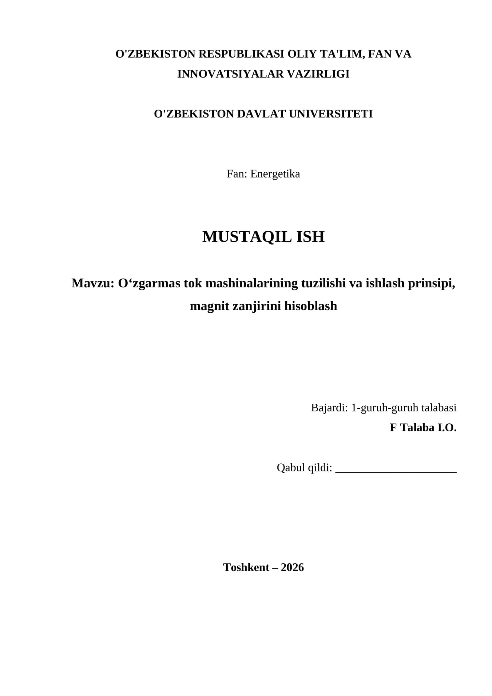 O‘zgarmas tok mashinalarining tuzilishi va ishlash prinsipi, magnit zanjirini hisoblash 1