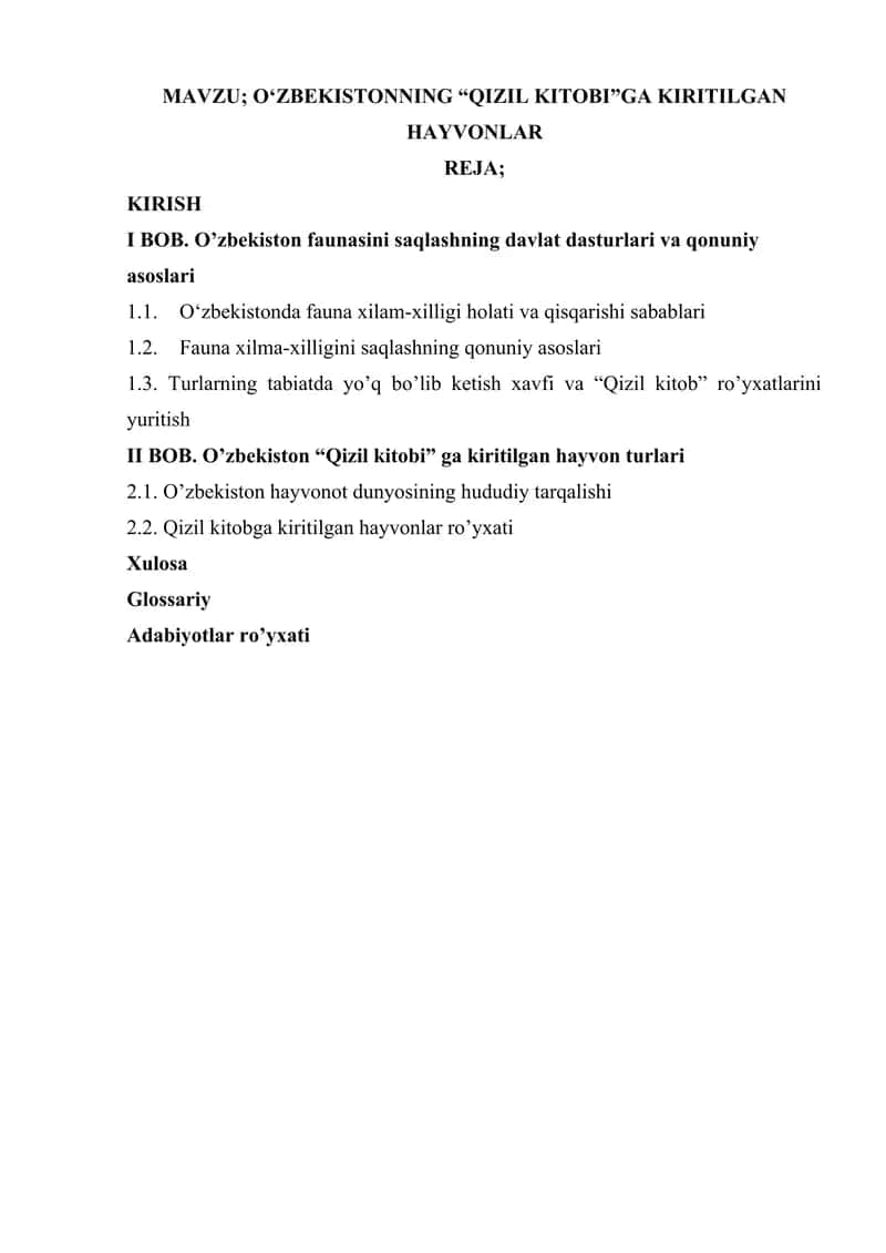 O‘ZBEKISTONNING “QIZIL KITOBI”GA KIRITILGAN HAYVONLAR.KURS ISHI 1