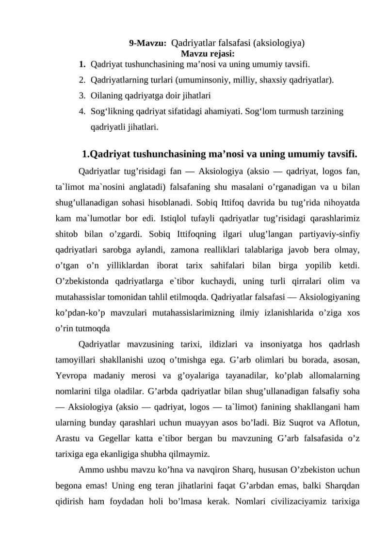 Qadriyatlar falsafasi (aksiologiya) 1