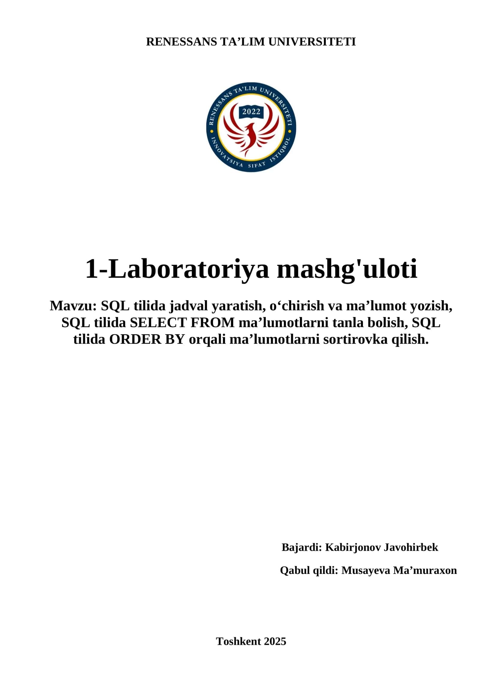 SQL tilida jadval yaratish, o‘chirish va ma’lumot yozish 1
