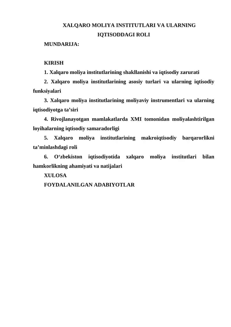 XALQARO MOLIYA INSTITUTLARI VA ULARNING IQTISODDAGI ROLI 1