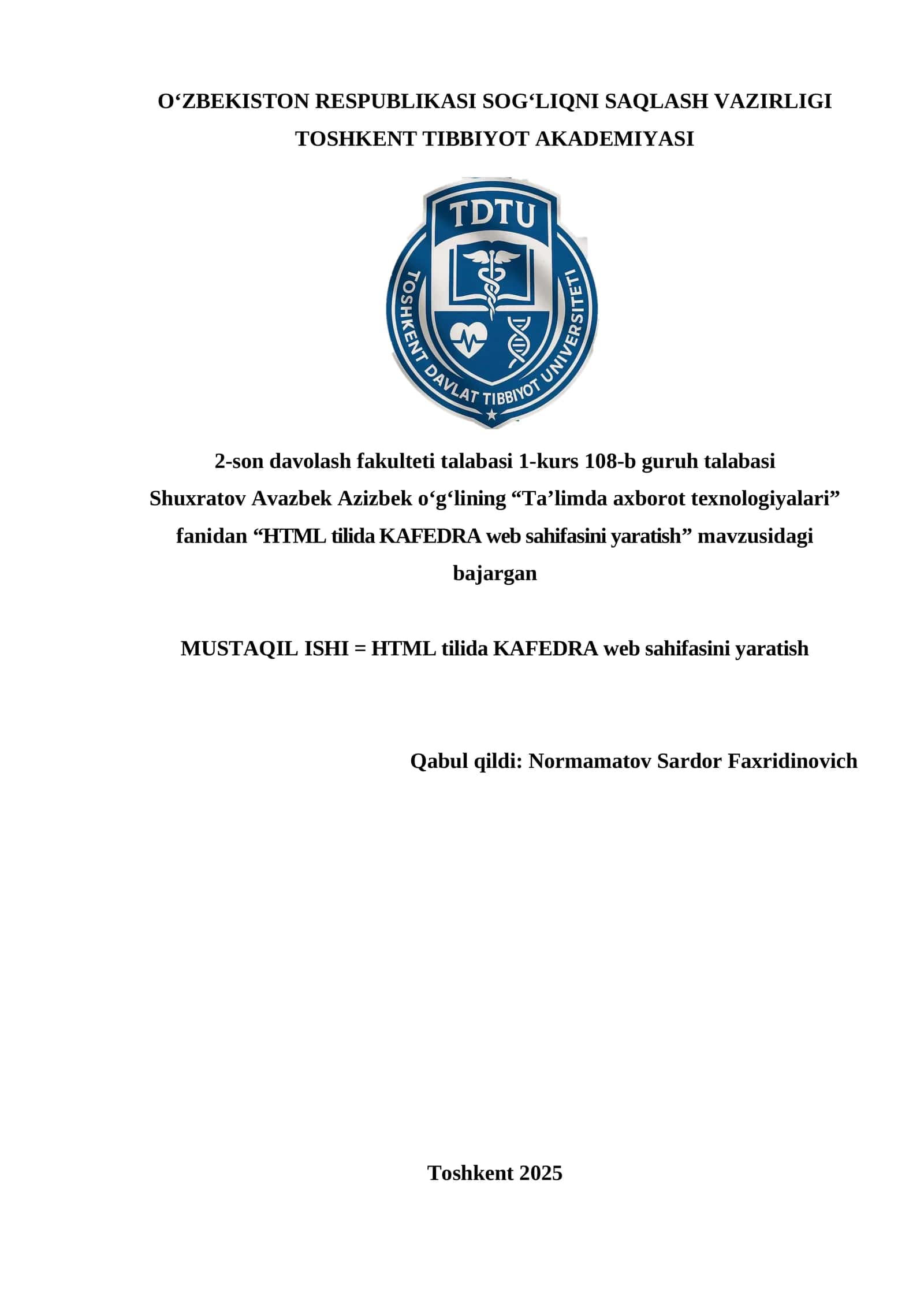 HTML tilida KAFEDRA web sahifasini yaratish 1