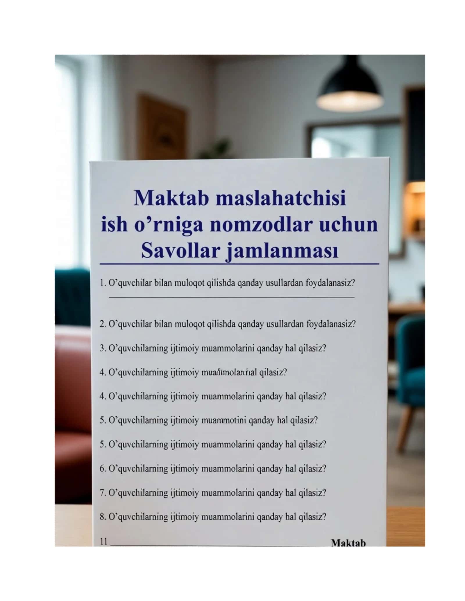 Maktab maslahatchisi lavozimi uchun imtihon savollari va javoblari 1