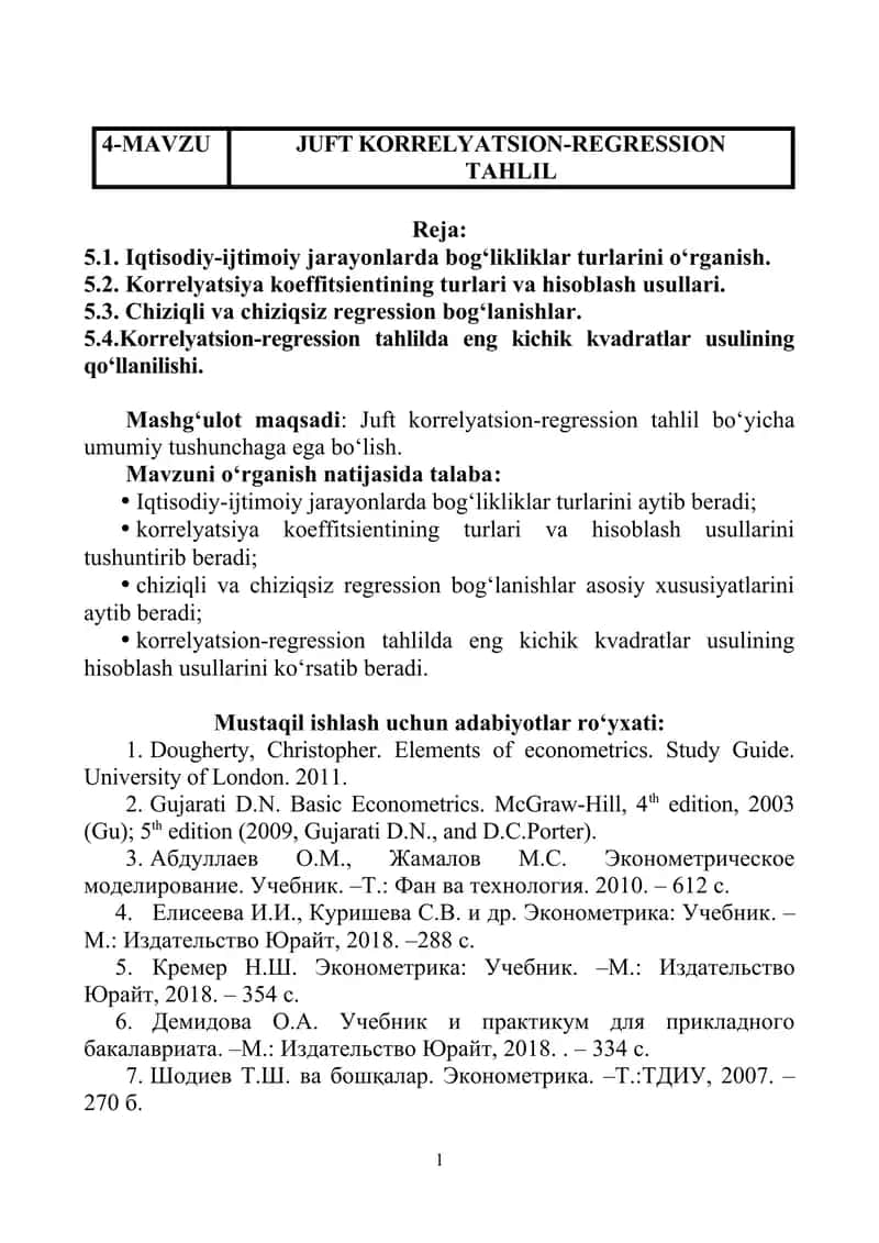 Korrelyatsion-regression tahlil 1