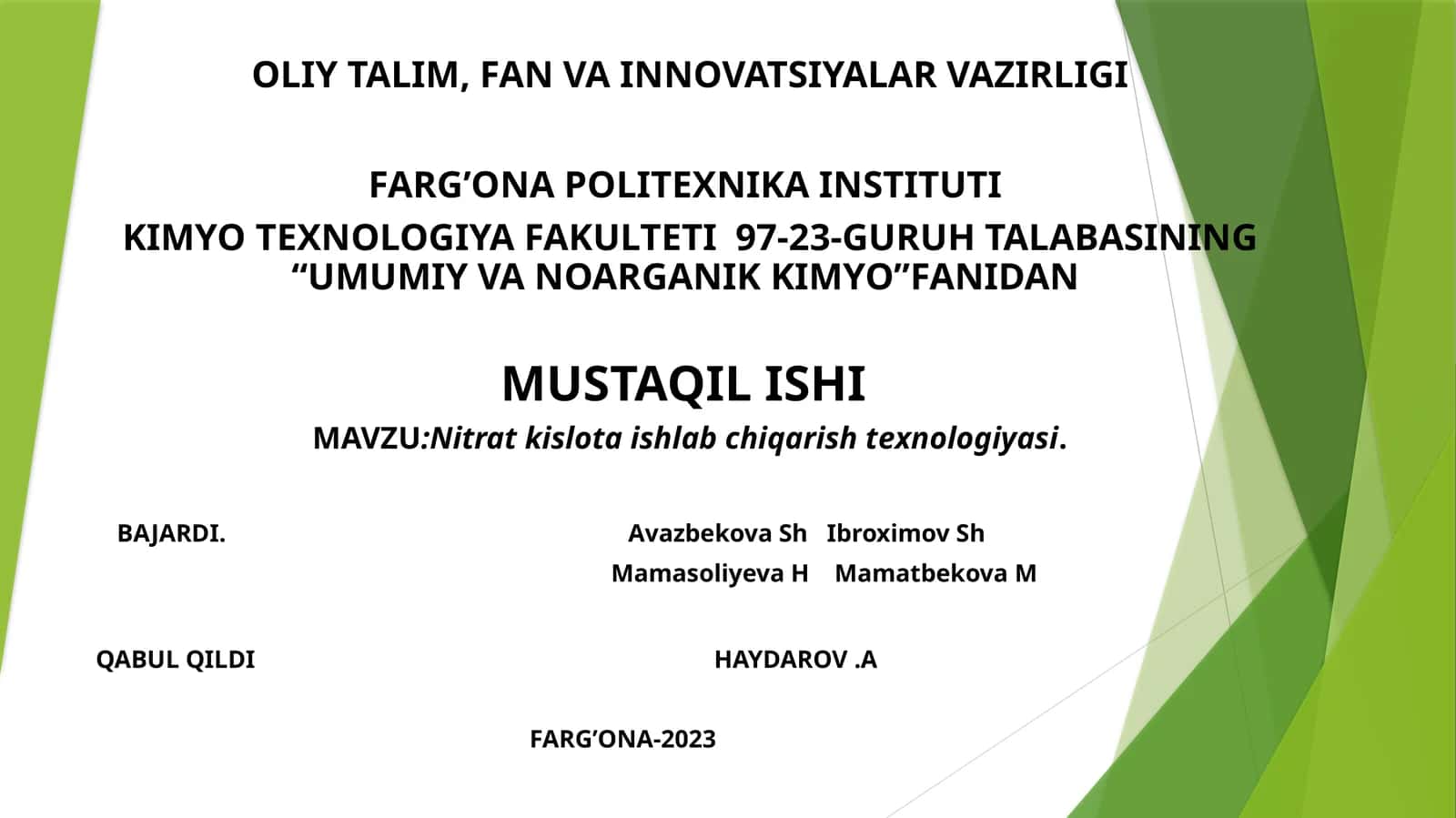 Nitrat kislota ishlab chiqarish texnologiyasi 1