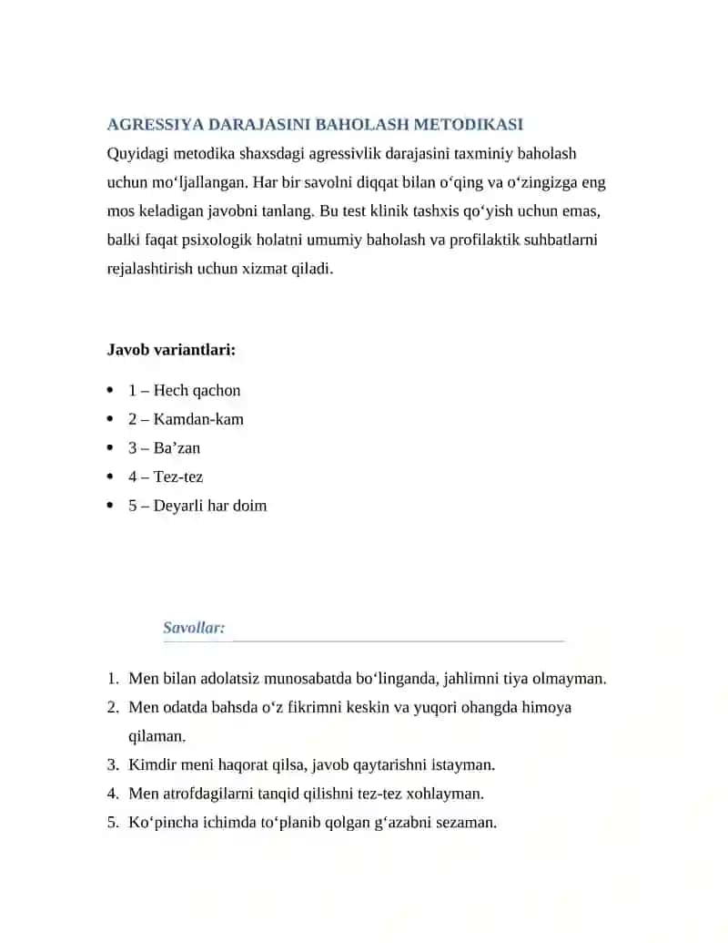 AGRESSIYA DARAJASINI BAHOLASH METODIKASI