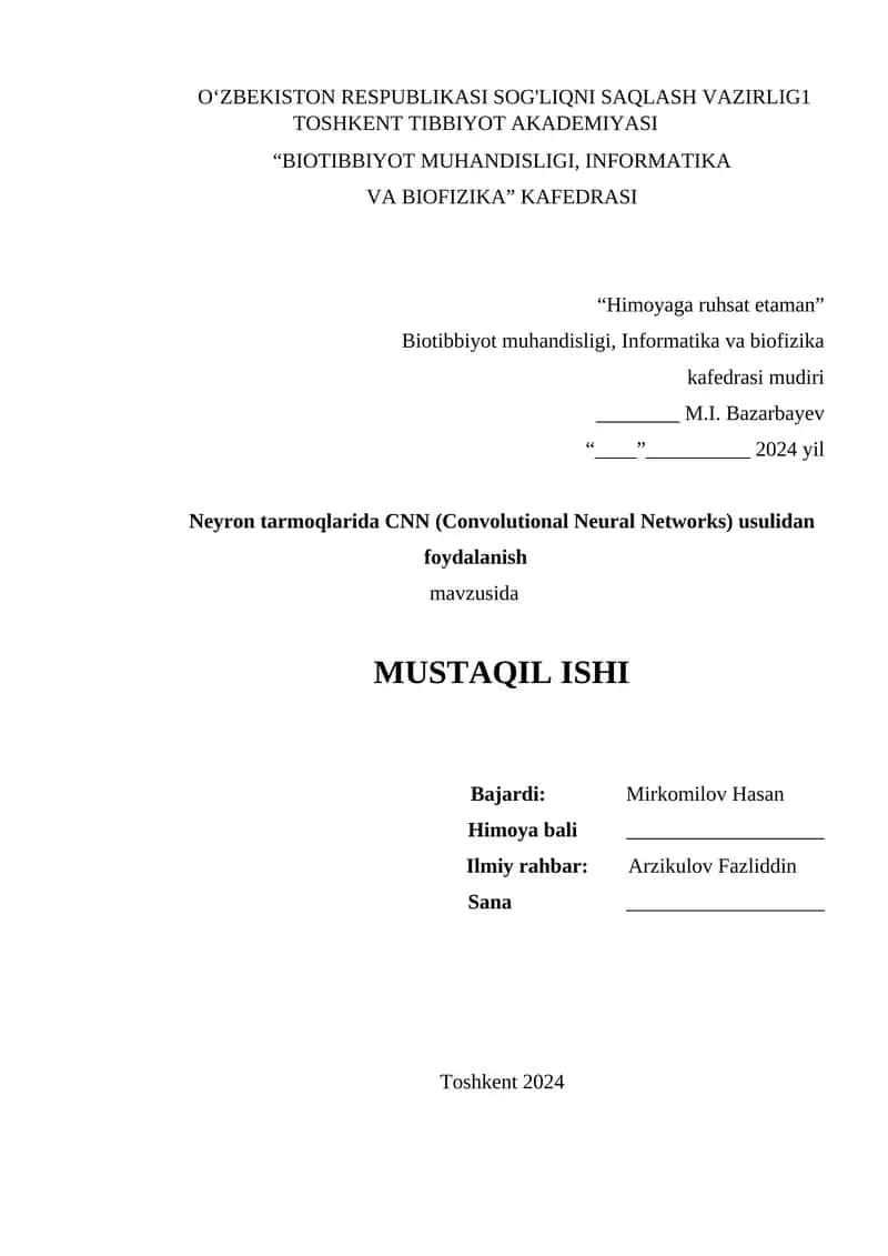 Neyron tarmoqlarida CNN (Convolutional Neural Networks) usulidan foydalanish 1