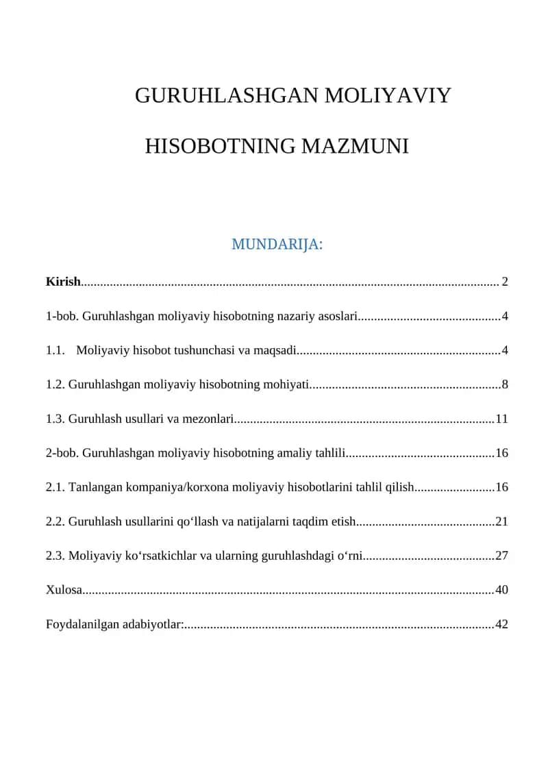 Guruhlashgan Moliyaviy Hisobotning Mazmuni 1