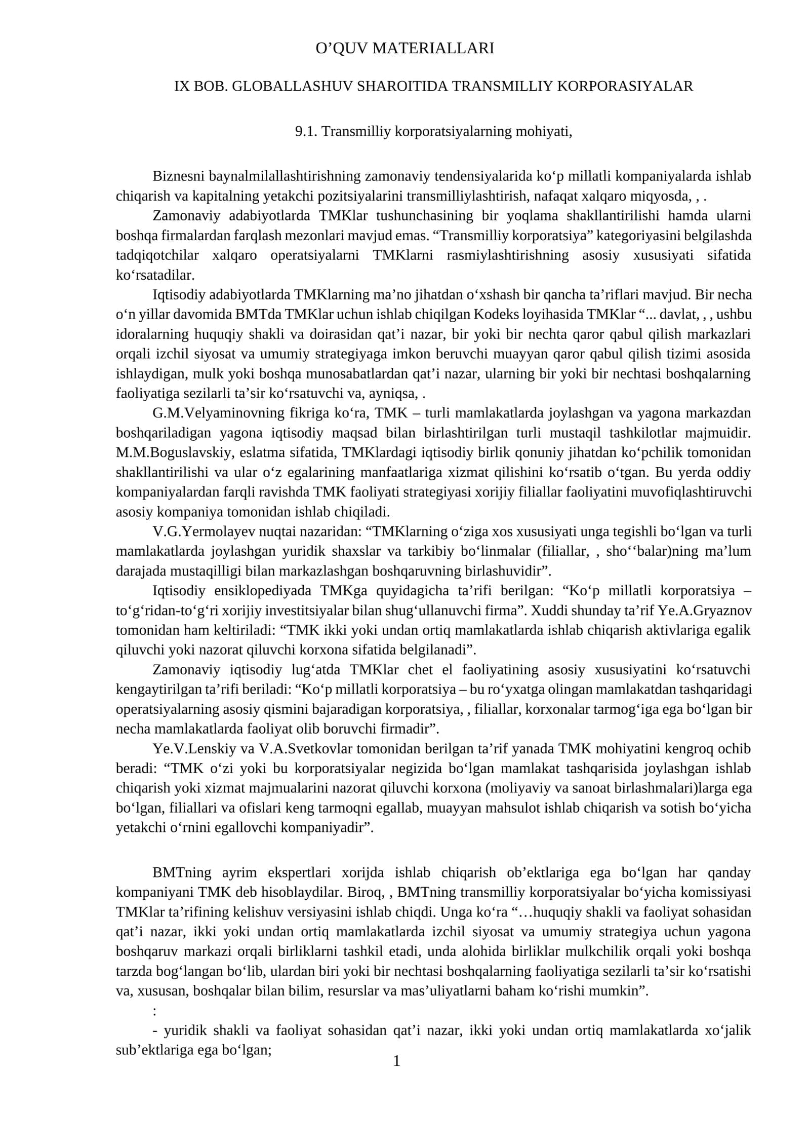 Transmilliy korporatsiyalar haqida o'quv material 1