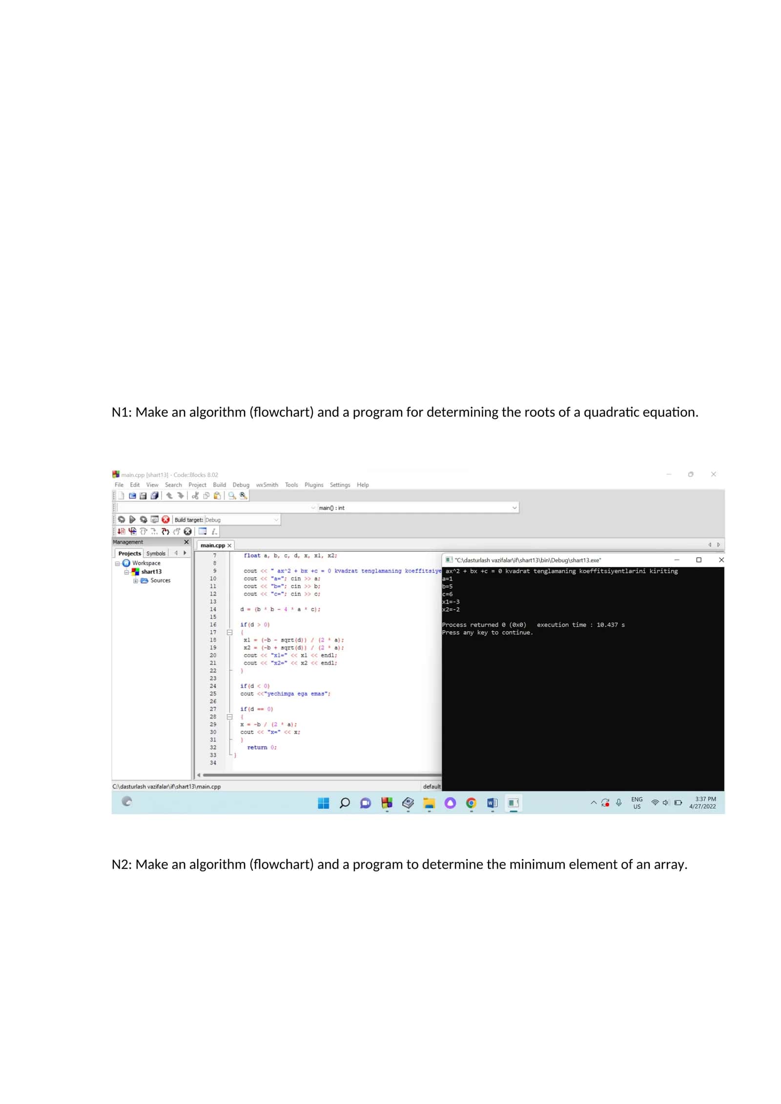 Program for Determining Roots of Quadratic Equations 1