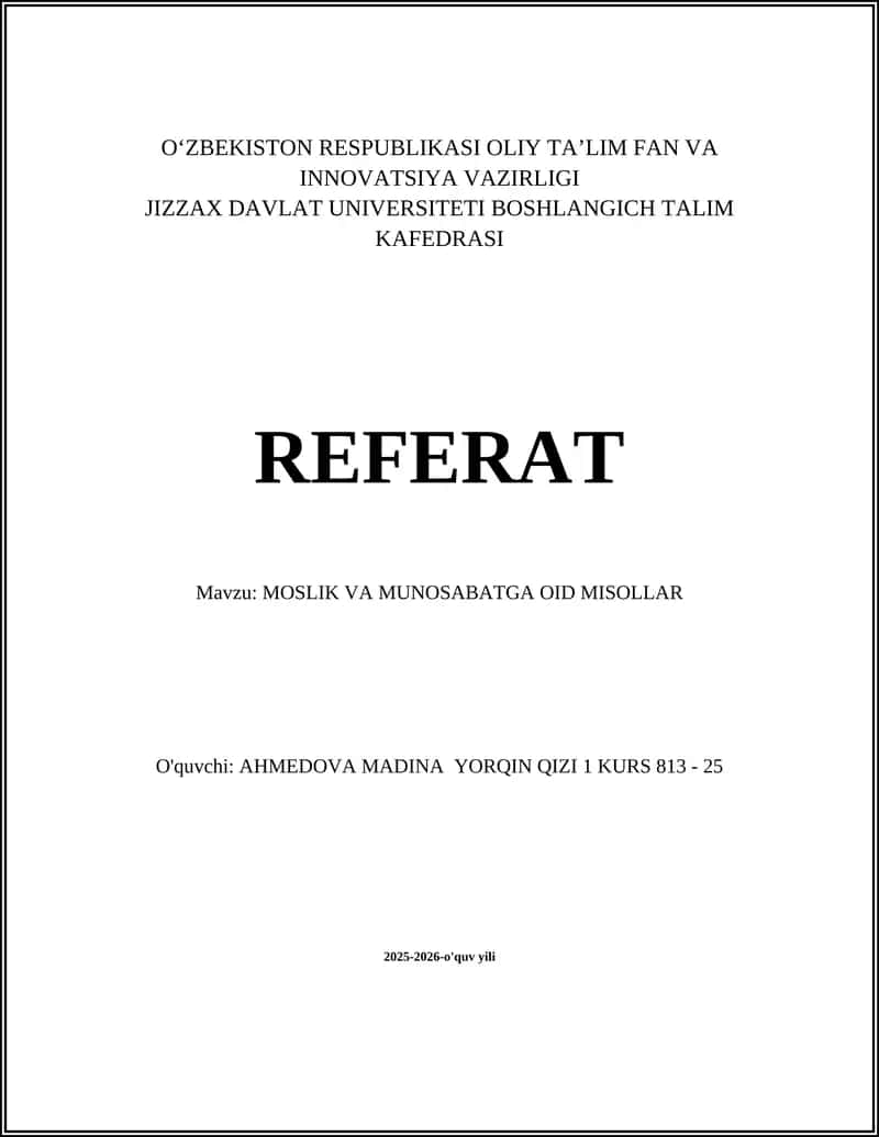 MOSLIK VA MUNOSABATGA OID MISOLLAR 1