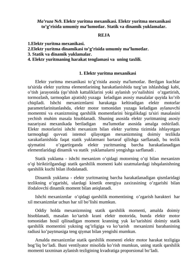 Elektr yuritma mexanikasi 1