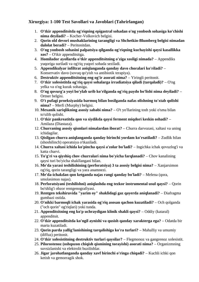 Xirurgiya: 1-100 Test Savollari va Javoblari (Tahrirlangan) 1