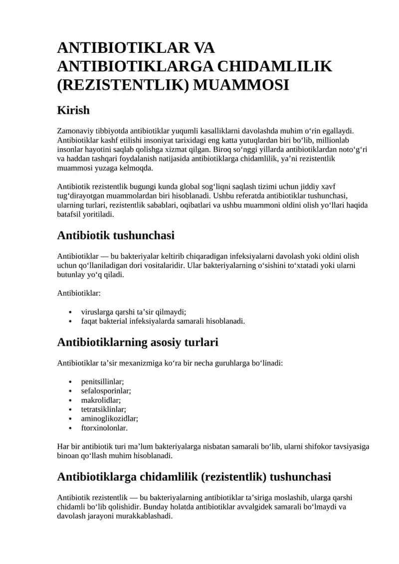 Antibiotiklar va Antibiotiklarga Chidamlilik (Rezistentlik) Muammosi 1