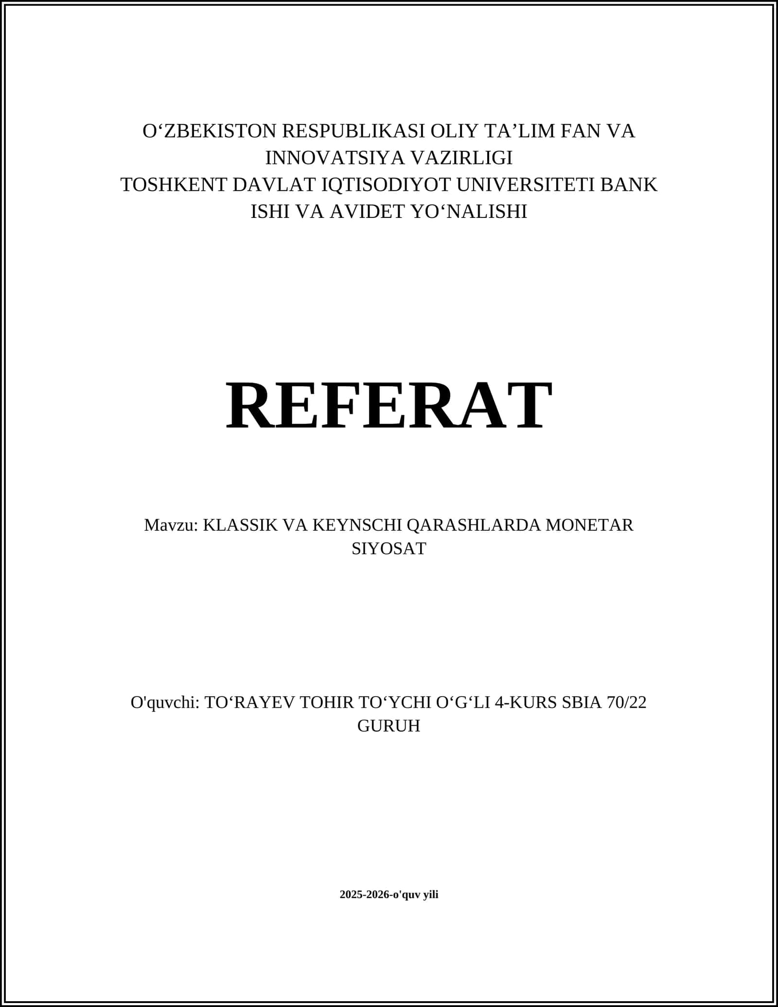 KLASSIK VA KEYNSCHI QARASHLARDA MONETAR SIYOSAT 1