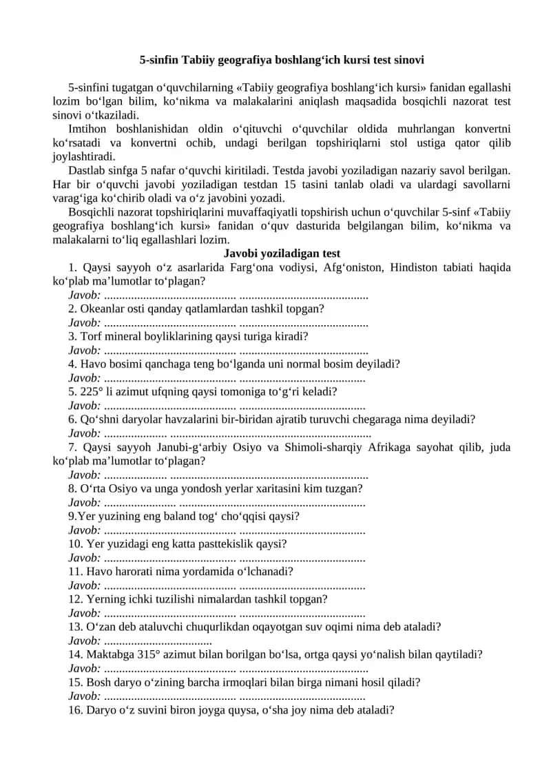 5-sinfi Tabiiy geografiya boshlang‘ich kursi test sinovi 1