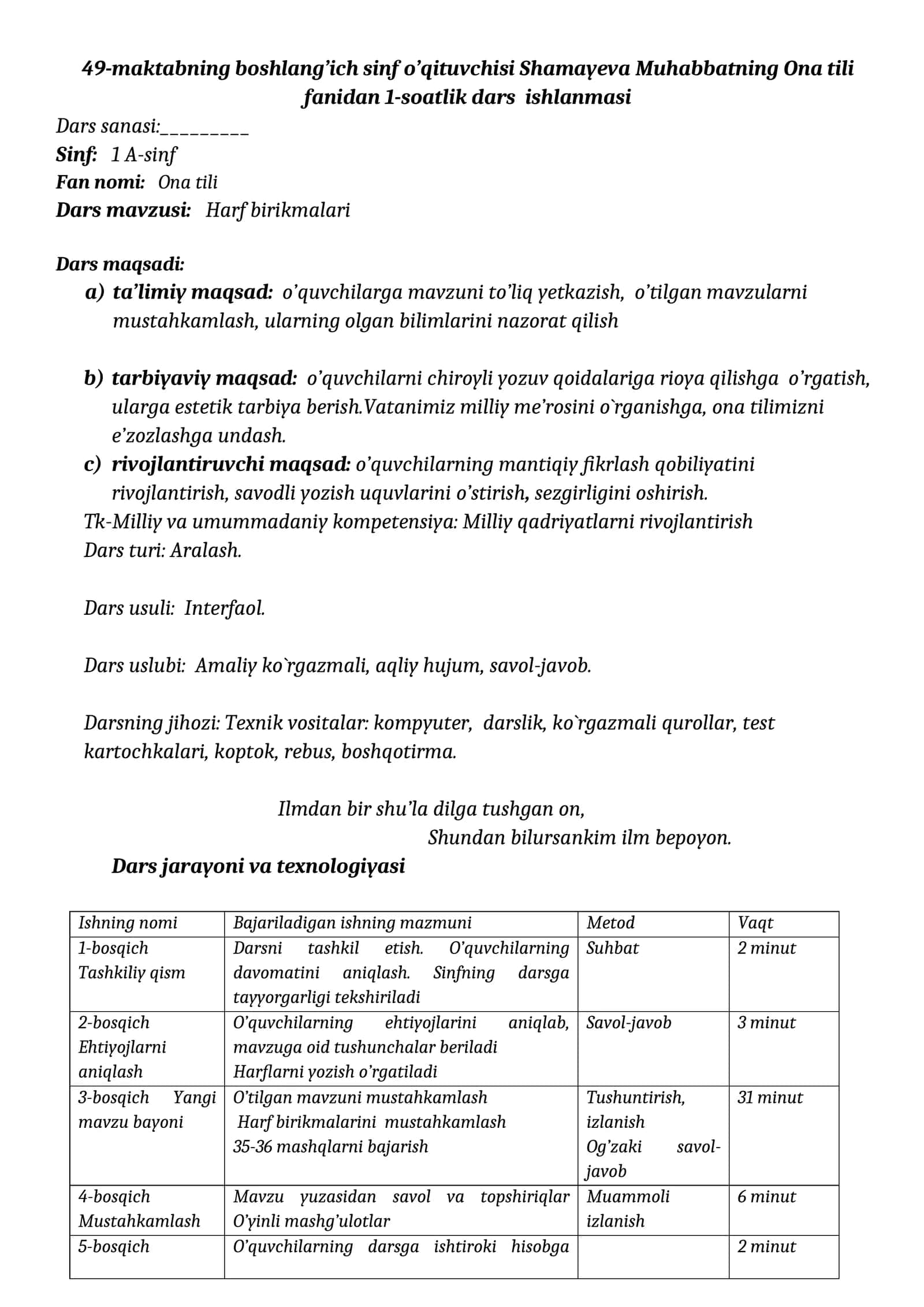 Ona tili fanidan 1-soatlik dars ishlanmasi 1