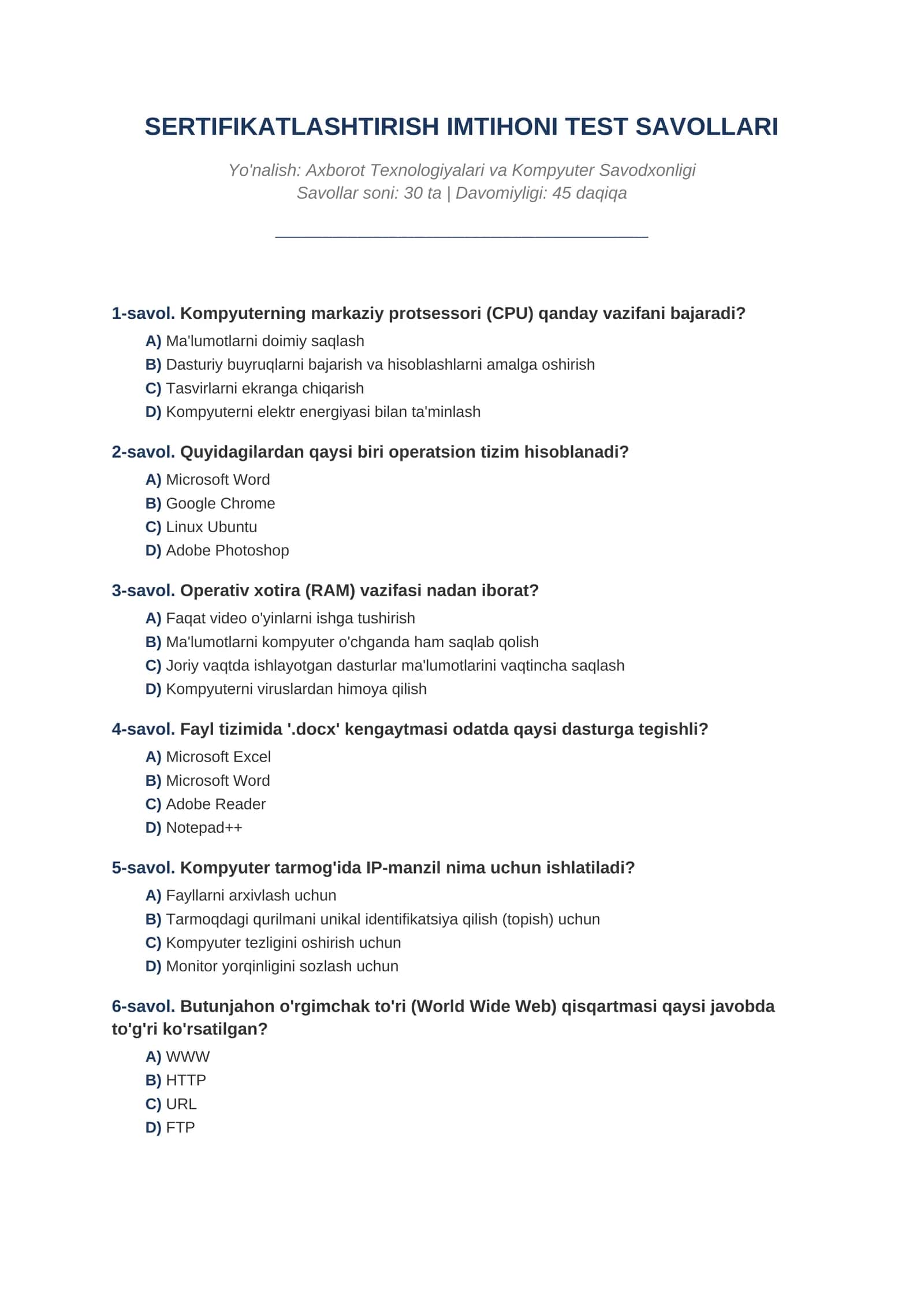 SERTIFIKATLASHTIRISH IMTIHONI TEST SAVOLLARI 1
