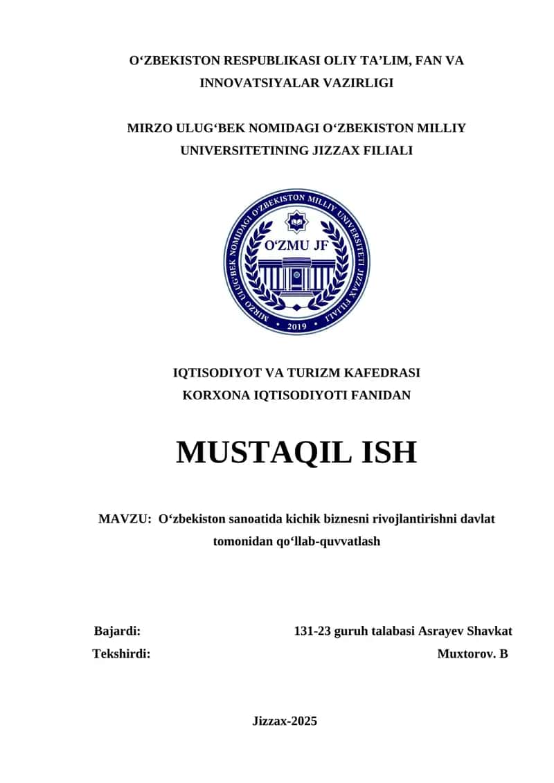 O‘zbekiston sanoatida kichik biznesni rivojlantirishni davlat tomonidan qo‘llab-quvvatlash 1